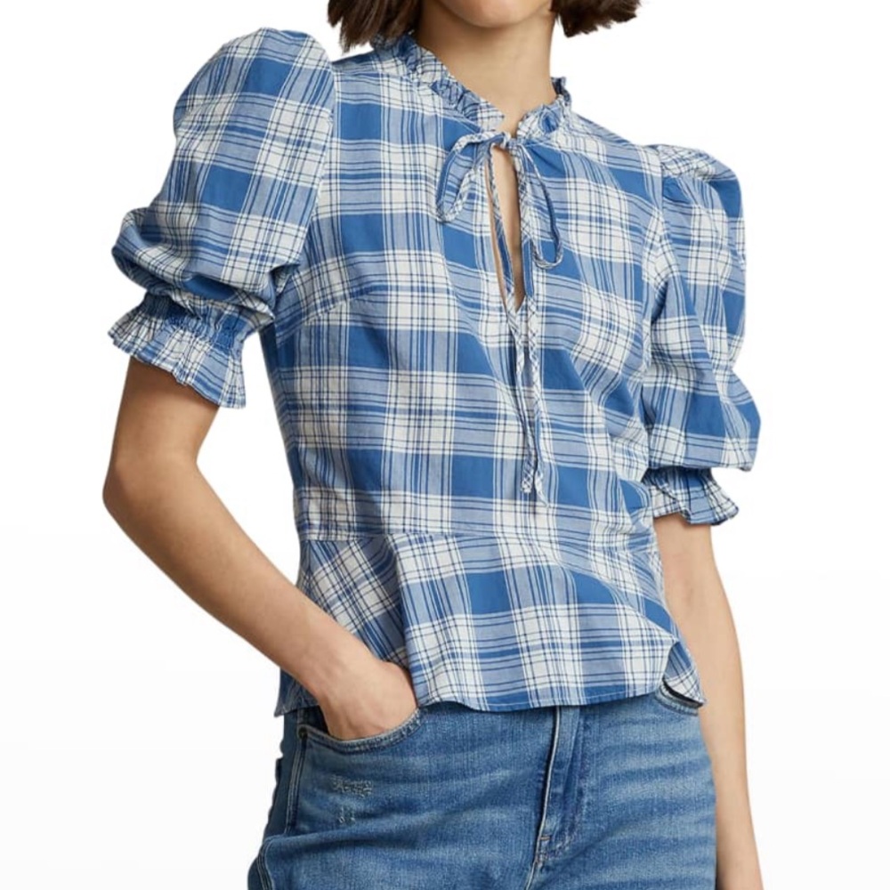 Polo Ralph Lauren Cassie Plaid Peplum‎ Blouse Blue White Plaid Womens Size 2